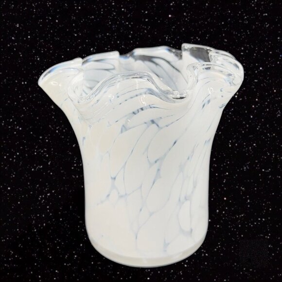 Art Glass Vase With White Specks Dots Ruffled Top Edge Glass Vase Vessel 5”T 5”W - Picture 12 of 15